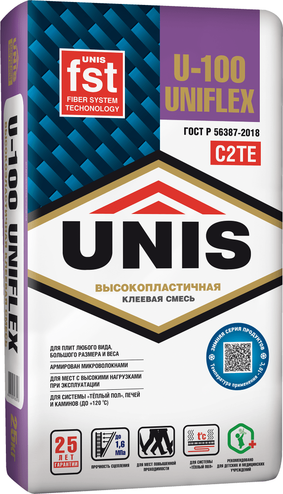 Клей плиточный керамогранита и камня Unis Uniflex U-100 эластичный серый (класс С2) 25 кг